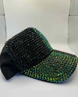 Two-Tone Studded Bling Rhinestone Baseball Cap in Black and Green